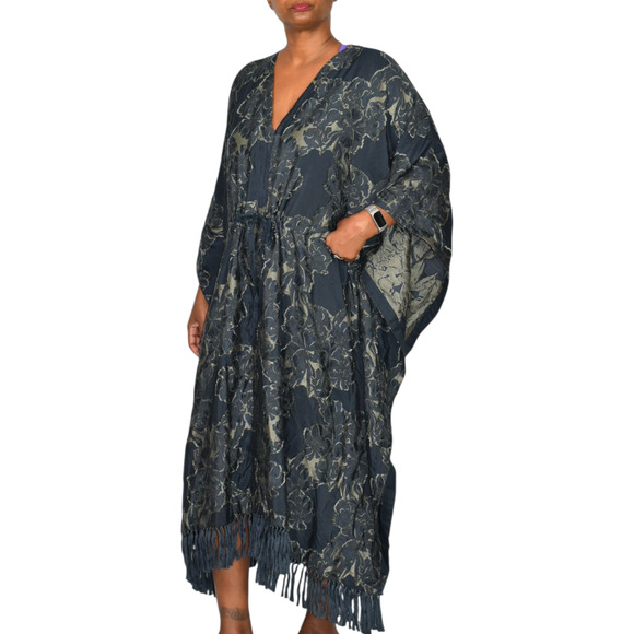 Billy Reid Jacquard Kaftan Dress Blue Long Oversized Caftan Fringe Medium Large - Picture 6 of 16